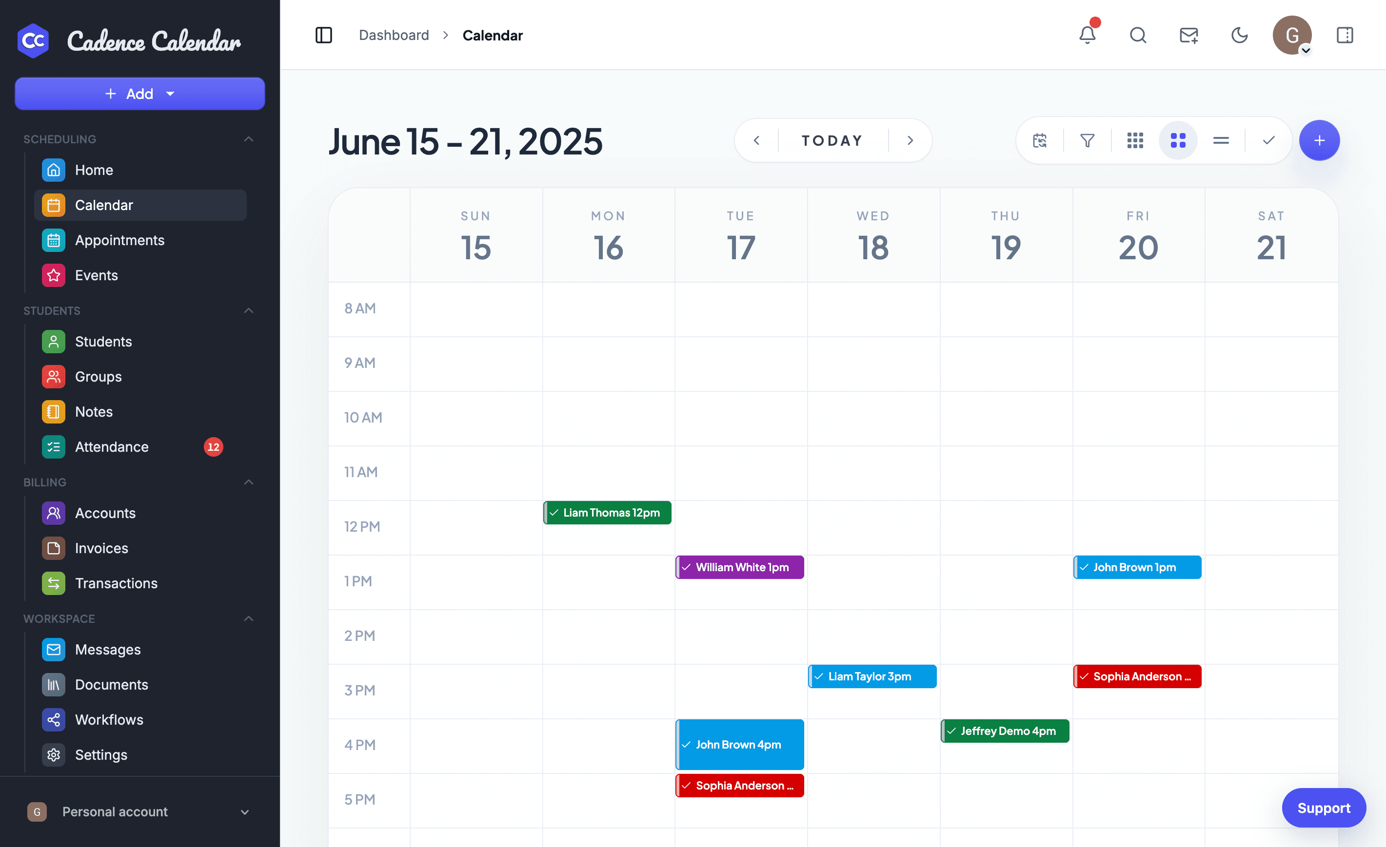 Cadence Calendar calendar view